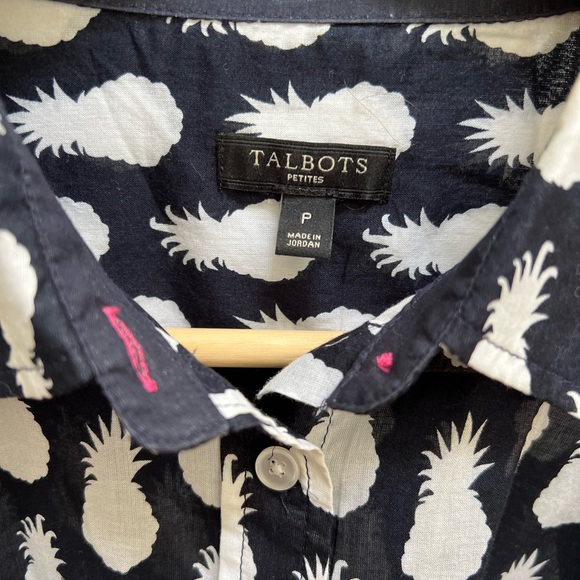Silky soft blouse from Talbots. White pineapples on black background! Size P. - Picture 2 of 3